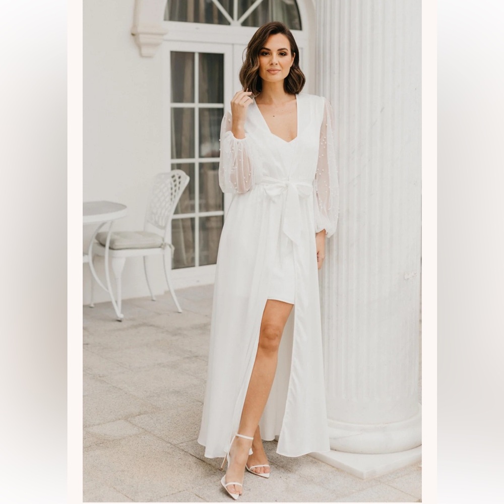 LeRose - Sophia Hand Beaded Pearl Sleeve Maxi Robe - Includes Slip - White Small